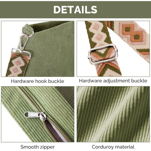 Women’s Green Corduroy Tote Shoulder Bag with Adjustment Straps And Zipper - Picture 5 of 7